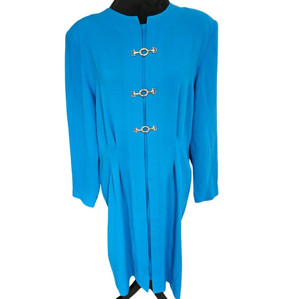 Vintage 80s 90s Debra Michaels Blue Dress Size 12 Gold Hardware Long Sleeve